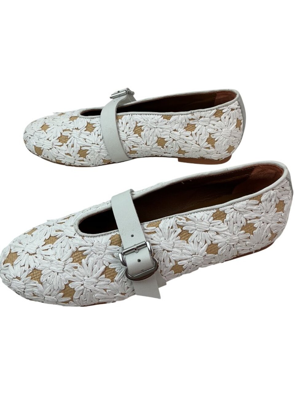 Nila & Nila Buckled Floral Embroidered Flats Made In Italy Womens 38 White
